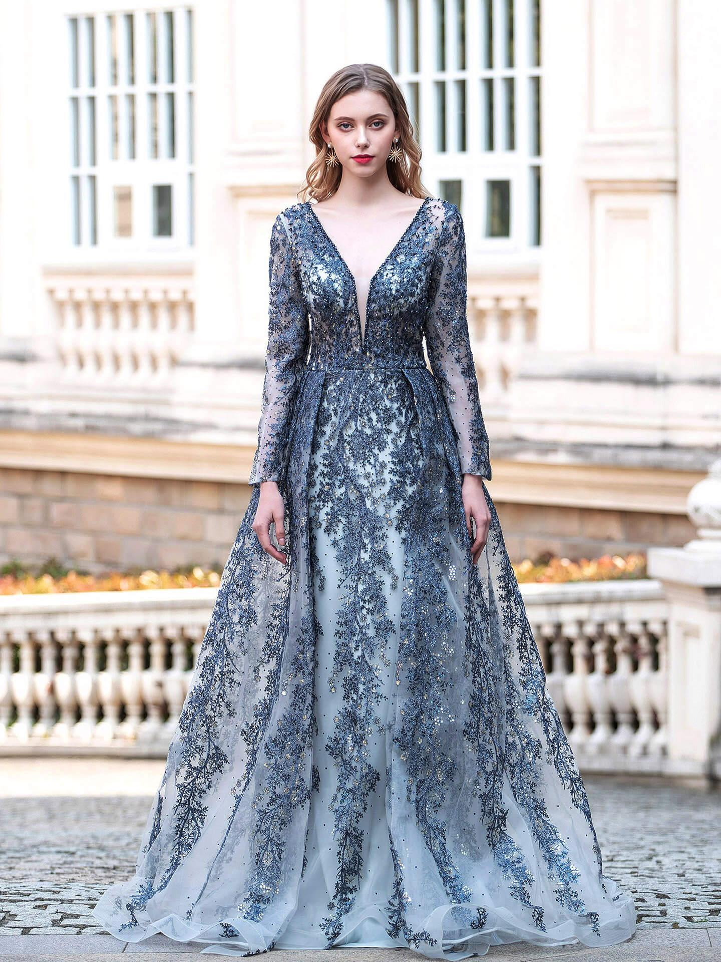 Baoleely Mermaid / Trumpet V-neck Fashion Formal Evening Dresses Long Sleeve Floor Length Prom Dresses