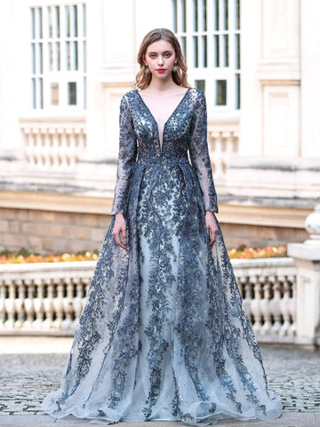 Robe de soirée sirène/trompette Baoleely, col en V, manches longues, longueur au sol 