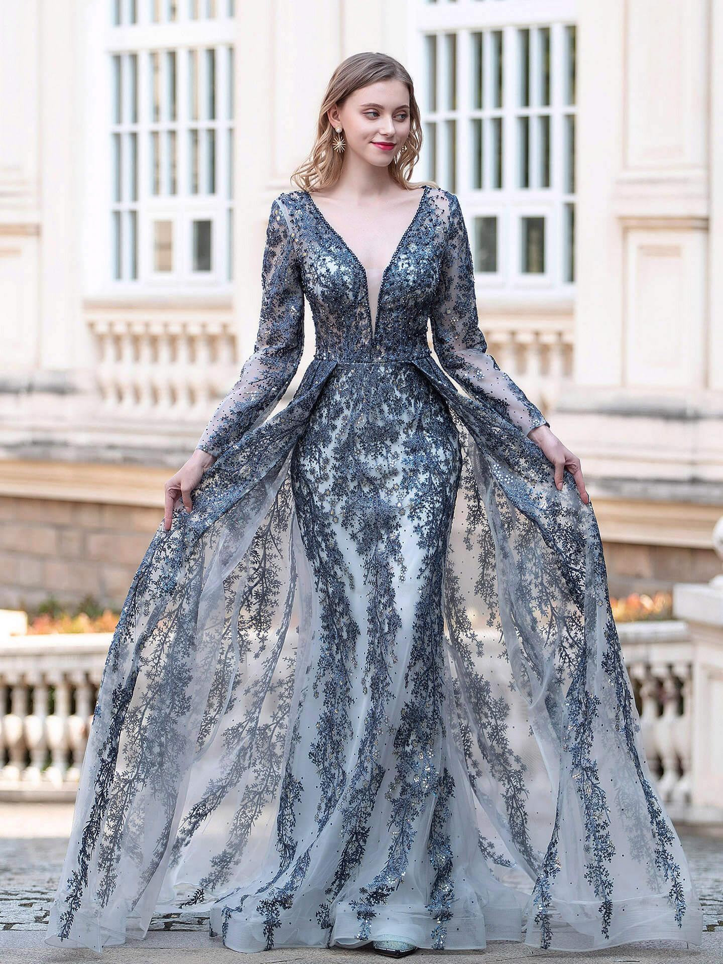 Baoleely Mermaid / Trumpet V-neck Fashion Formal Evening Dresses Long Sleeve Floor Length Prom Dresses