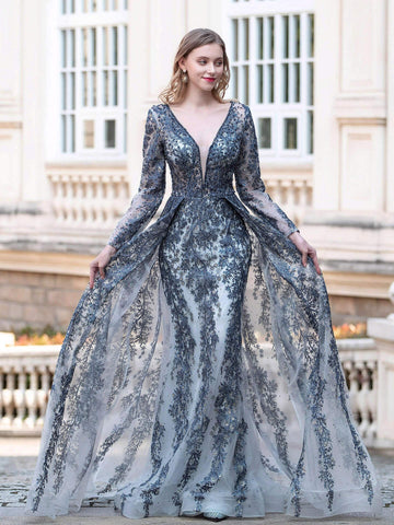 Robe de soirée sirène/trompette Baoleely, col en V, manches longues, longueur au sol 