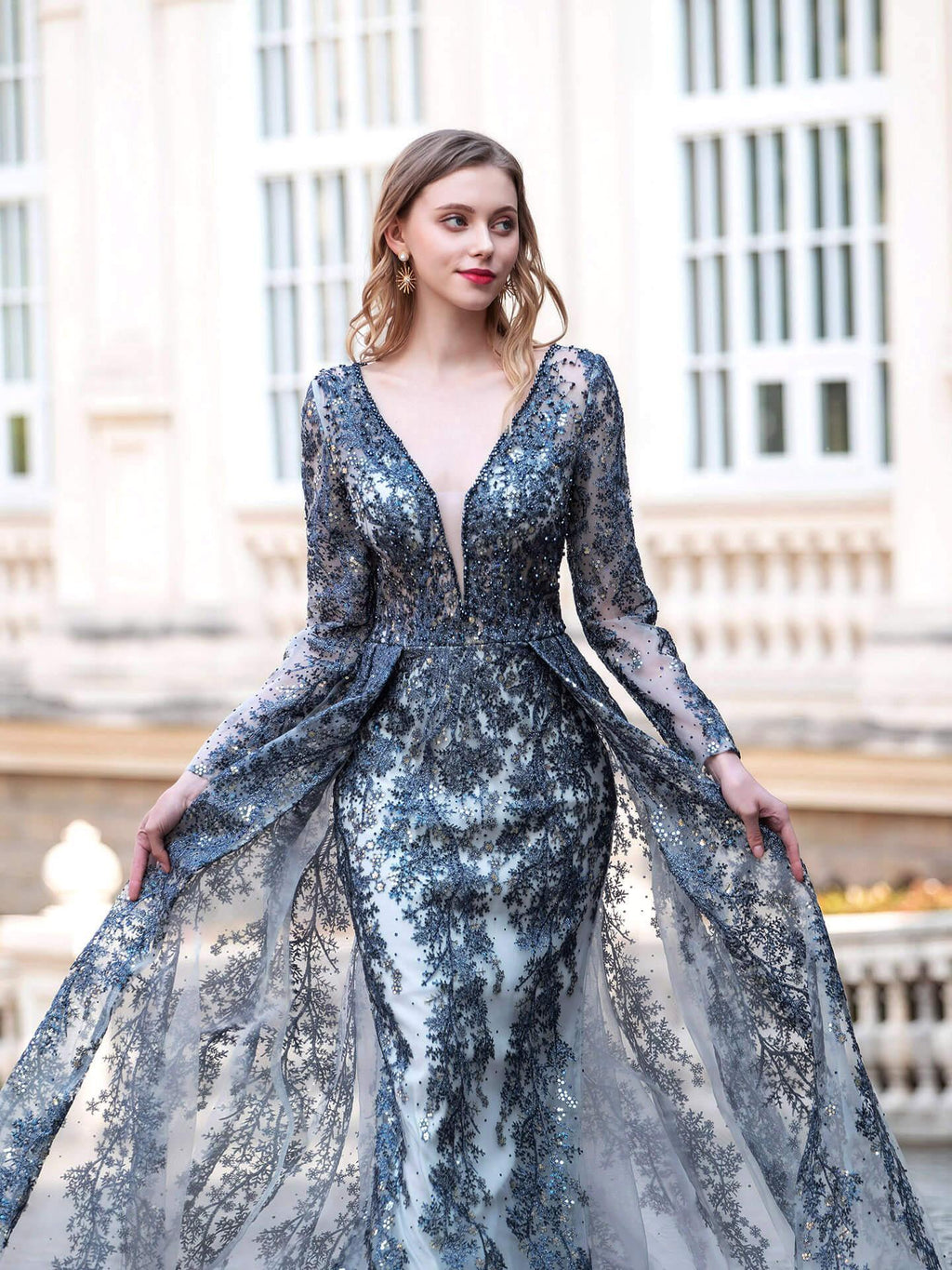 Baoleely Mermaid / Trumpet V-neck Fashion Formal Evening Dresses Long Sleeve Floor Length Prom Dresses