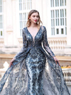 Baoleely Mermaid / Trumpet V-neck Fashion Formal Evening Dresses Long Sleeve Floor Length Prom Dresses