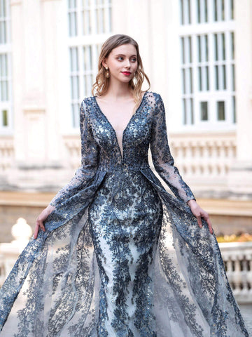 Robe de soirée sirène/trompette Baoleely, col en V, manches longues, longueur au sol 