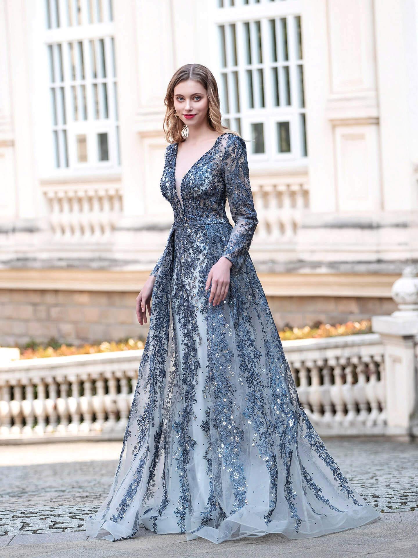 Baoleely Mermaid / Trumpet V-neck Fashion Formal Evening Dresses Long Sleeve Floor Length Prom Dresses