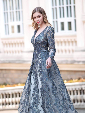 Robe de soirée sirène/trompette Baoleely, col en V, manches longues, longueur au sol 