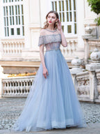 Vestidos de noche formales de lujo, corte A, tul con cuentas, manga corta, largos hasta el suelo, para baile de graduación. 