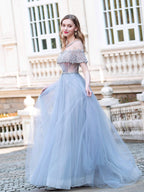 Vestidos de noche formales de lujo, corte A, tul con cuentas, manga corta, largos hasta el suelo, para baile de graduación. 