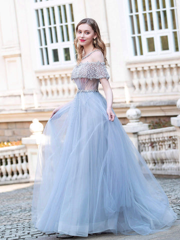 A-Line Tulle Beaded Luxurious Fashion Formal Evening Dresses Short Sleeves Floor Length Prom Dresses