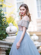 Vestidos de noche formales de lujo, corte A, tul con cuentas, manga corta, largos hasta el suelo, para baile de graduación. 
