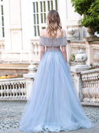 Vestidos de noche formales de lujo, corte A, tul con cuentas, manga corta, largos hasta el suelo, para baile de graduación. 