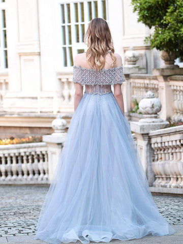 A-Line Tulle Beaded Luxurious Fashion Formal Evening Dresses Short Sleeves Floor Length Prom Dresses