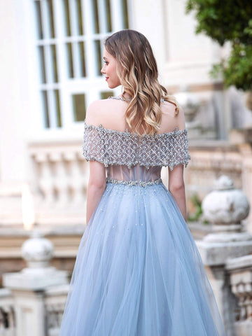 A-Line Tulle Beaded Luxurious Fashion Formal Evening Dresses Short Sleeves Floor Length Prom Dresses
