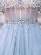 Vestidos de noche formales de lujo, corte A, tul con cuentas, manga corta, largos hasta el suelo, para baile de graduación. 