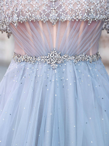 A-Line Tulle Beaded Luxurious Fashion Formal Evening Dresses Short Sleeves Floor Length Prom Dresses