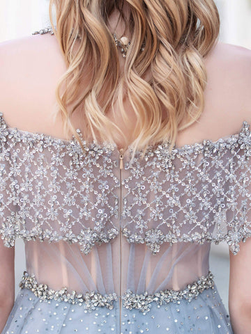 A-Line Tulle Beaded Luxurious Fashion Formal Evening Dresses Short Sleeves Floor Length Prom Dresses