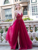 Vestidos de noche formales, lujosos, sexys, de corte A, con tirantes finos, sin mangas y abertura, hasta el suelo, para fiesta de graduación 