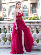 Vestidos de noche formales, lujosos, sexys, de corte A, con tirantes finos, sin mangas y abertura, hasta el suelo, para fiesta de graduación 