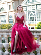 Vestidos de noche formales, lujosos, sexys, de corte A, con tirantes finos, sin mangas y abertura, hasta el suelo, para fiesta de graduación 