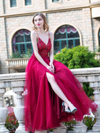 Vestidos de noche formales, lujosos, sexys, de corte A, con tirantes finos, sin mangas y abertura, hasta el suelo, para fiesta de graduación 