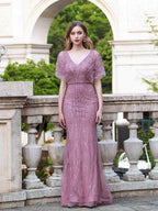 Baoleely Mermaid V-neck Beaded Luxurious Fashion Formal Evening Dresses Short Sleeve Floor Length Prom Dresses