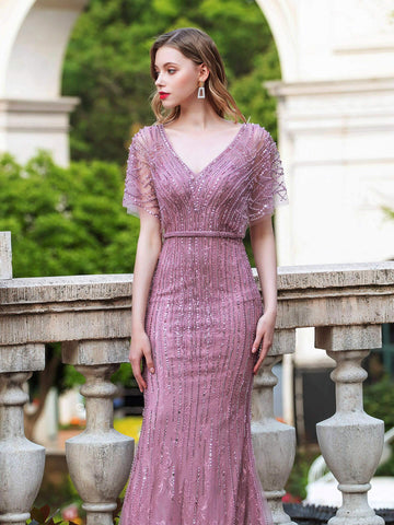 Vestidos de noche formales de lujo con escote en V estilo sirena, bordados con cuentas, manga corta y largo hasta el suelo de Baoleely. 