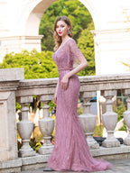 Baoleely Mermaid V-neck Beaded Luxurious Fashion Formal Evening Dresses Short Sleeve Floor Length Prom Dresses