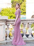 Baoleely Mermaid V-neck Beaded Luxurious Fashion Formal Evening Dresses Short Sleeve Floor Length Prom Dresses
