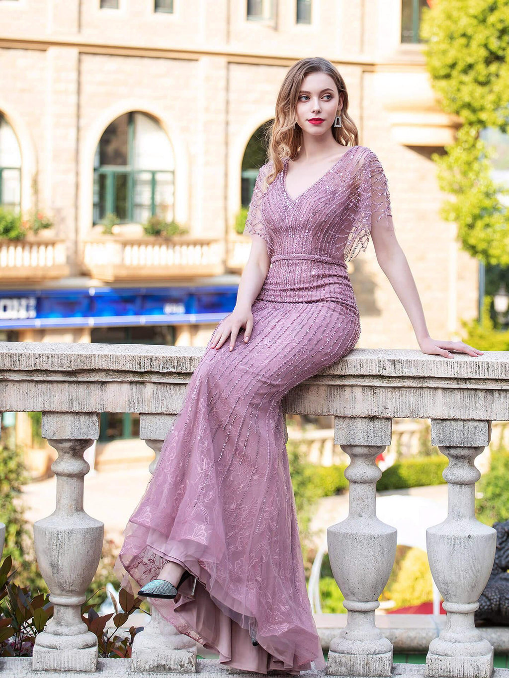 Baoleely Mermaid V-neck Beaded Luxurious Fashion Formal Evening Dresses Short Sleeve Floor Length Prom Dresses