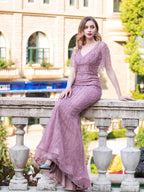 Baoleely Mermaid V-neck Beaded Luxurious Fashion Formal Evening Dresses Short Sleeve Floor Length Prom Dresses