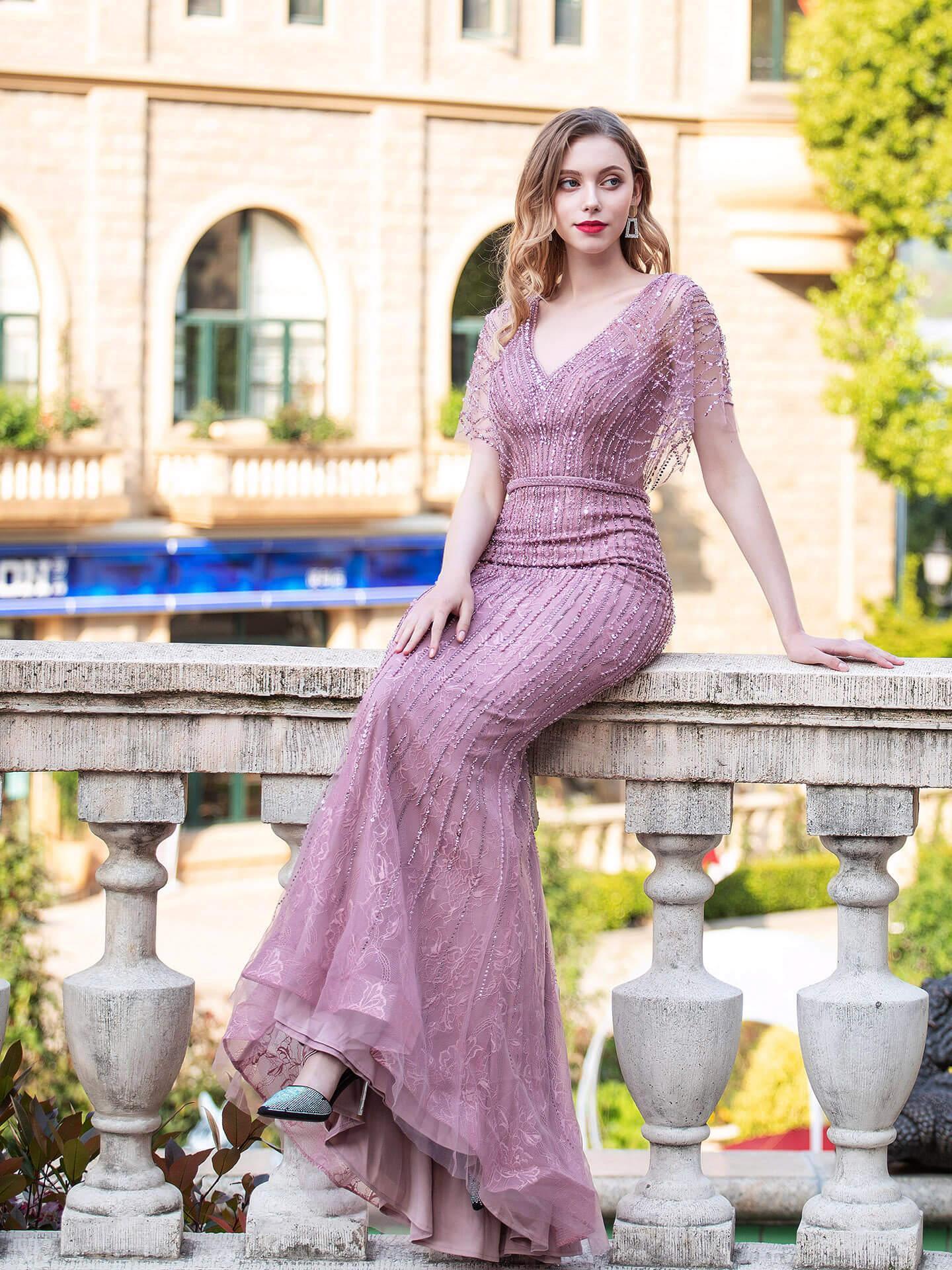 Baoleely Mermaid V-neck Beaded Luxurious Fashion Formal Evening Dresses Short Sleeve Floor Length Prom Dresses