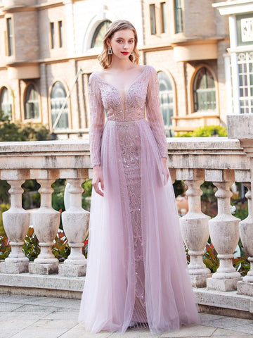 Robe de soirée longue style sirène à col en V et perles, luxueuse et tendance, à manches longues 