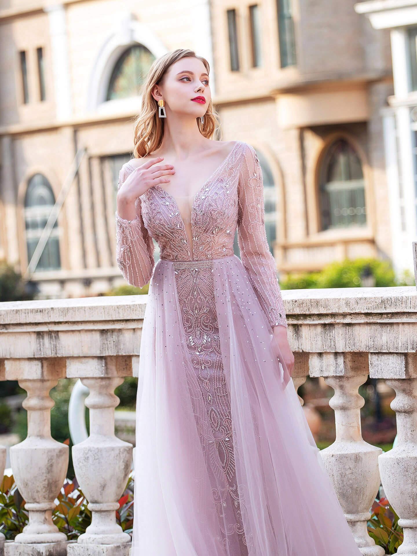 Baoleely Mermaid V-neck Beaded Luxurious Fashion Formal Evening Dresses Long Sleeve Floor Length Prom Dresses