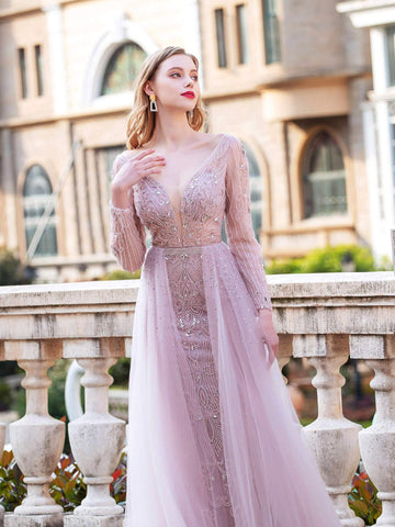 Robe de soirée longue style sirène à col en V et perles, luxueuse et tendance, à manches longues 