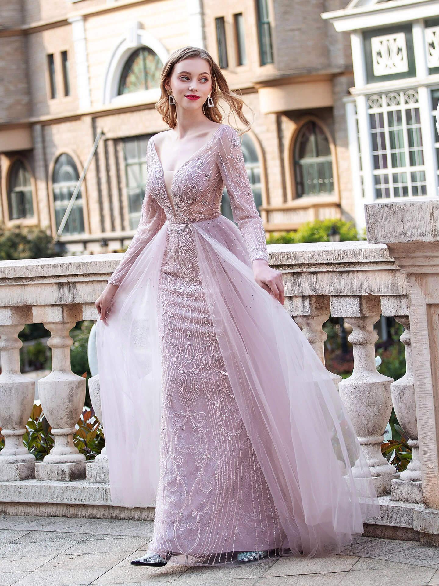 Baoleely Mermaid V-neck Beaded Luxurious Fashion Formal Evening Dresses Long Sleeve Floor Length Prom Dresses