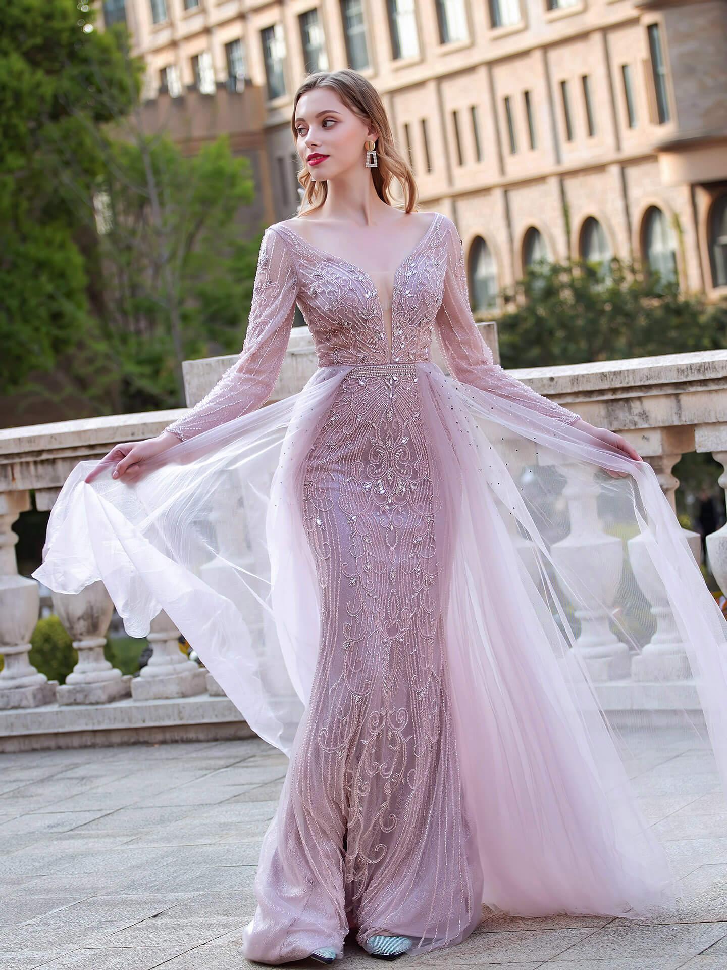 Baoleely Mermaid V-neck Beaded Luxurious Fashion Formal Evening Dresses Long Sleeve Floor Length Prom Dresses