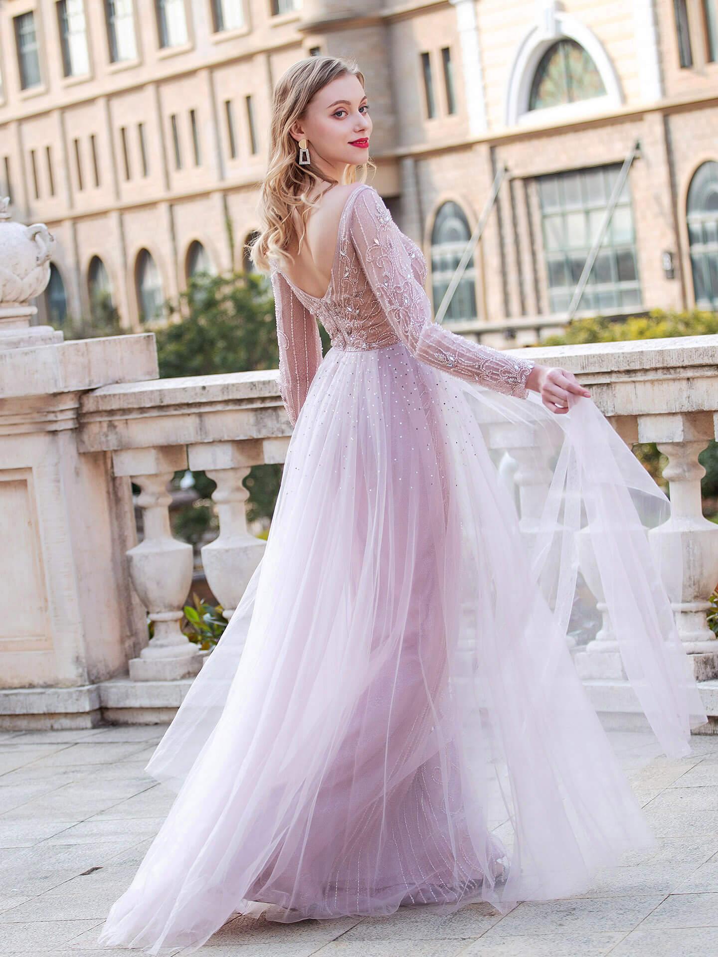 Baoleely Mermaid V-neck Beaded Luxurious Fashion Formal Evening Dresses Long Sleeve Floor Length Prom Dresses