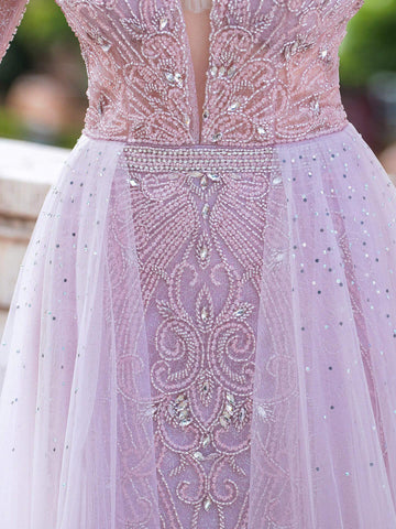 Robe de soirée longue style sirène à col en V et perles, luxueuse et tendance, à manches longues 