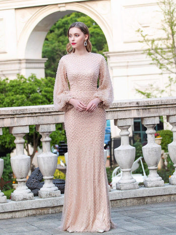 Vestidos de noche formales de lujo estilo sirena/trompeta de Baoleely, de manga larga y hasta el suelo. 