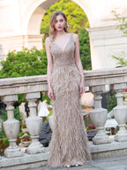 Baoleely Mermaid V-neck V-back Beaded Feather Luxurious Fashion Formal Evening Dresses Sleeveless Floor Length