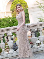 Baoleely Mermaid V-neck V-back Beaded Feather Luxurious Fashion Formal Evening Dresses Sleeveless Floor Length