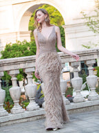 Baoleely Mermaid V-neck V-back Beaded Feather Luxurious Fashion Formal Evening Dresses Sleeveless Floor Length