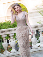 Baoleely Mermaid V-neck V-back Beaded Feather Luxurious Fashion Formal Evening Dresses Sleeveless Floor Length