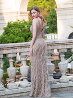 Baoleely Mermaid V-neck V-back Beaded Feather Luxurious Fashion Formal Evening Dresses Sleeveless Floor Length