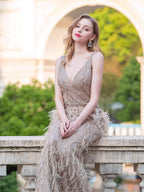 Baoleely Mermaid V-neck V-back Beaded Feather Luxurious Fashion Formal Evening Dresses Sleeveless Floor Length