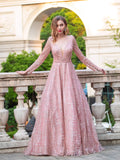 Vestidos de noche formales de lujo de moda con escote en V y corte A, vestidos de fiesta de manga larga hasta el suelo 