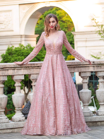 Vestidos de noche formales de lujo de moda con escote en V y corte A, vestidos de fiesta de manga larga hasta el suelo 