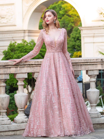 Vestidos de noche formales de lujo de moda con escote en V y corte A, vestidos de fiesta de manga larga hasta el suelo 