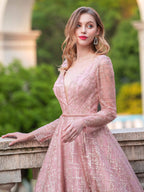 Vestidos de noche formales de lujo de moda con escote en V y corte A, vestidos de fiesta de manga larga hasta el suelo 