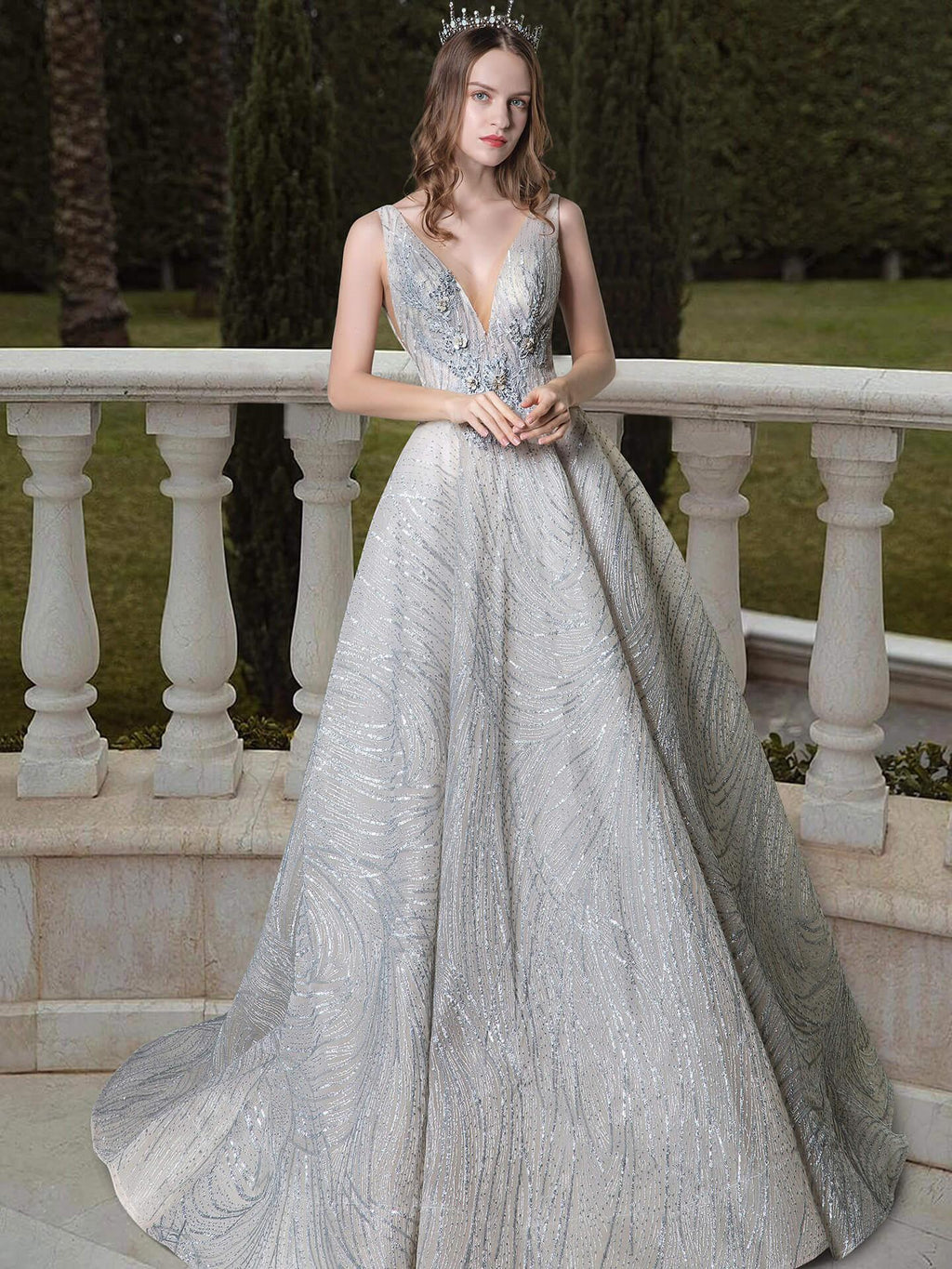 Baoleely A-line Light Grey Gown of Embroidered Matches the Low V-back