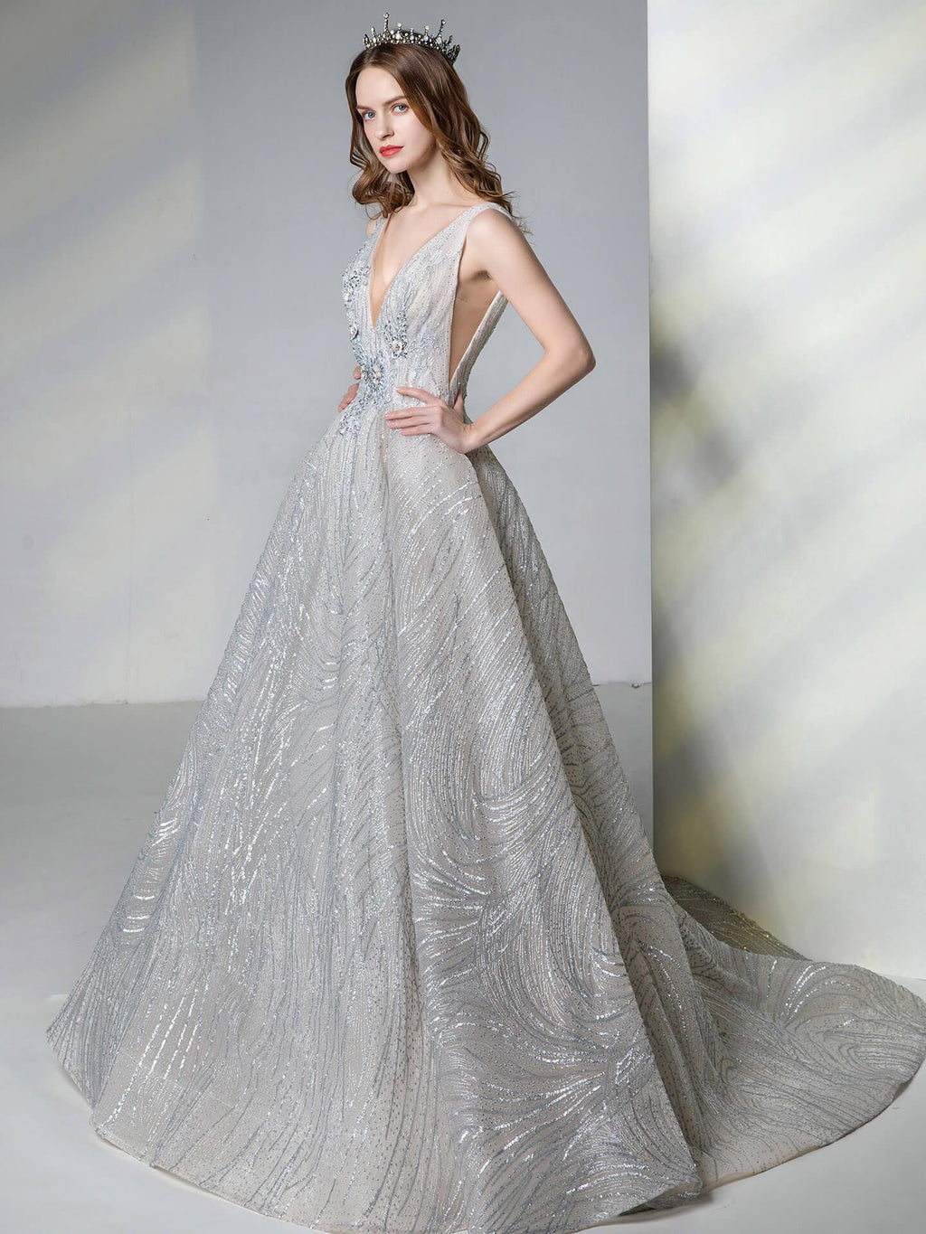 Baoleely A-line Light Grey Gown of Embroidered Matches the Low V-back